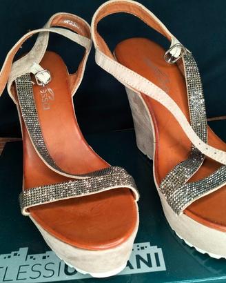 Sandali Zeppa Alta, Color Tortora e Strass 39