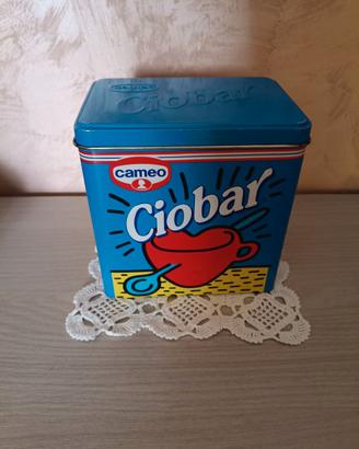 Scatola in latta blu a marchio "Ciobar" vintage.