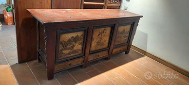 Lunga credenza Cinese Shanghai in legno dipinta