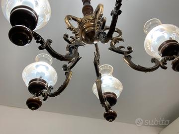 Lampadario ottone e legno anni ‘70