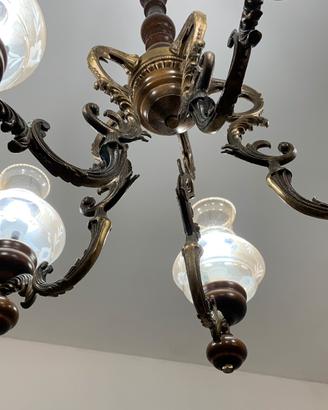 Lampadario ottone e legno anni ‘70