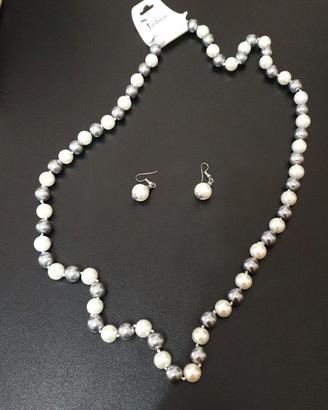 Set Collana Orecchini Perle Sfumate Bianco Grigio