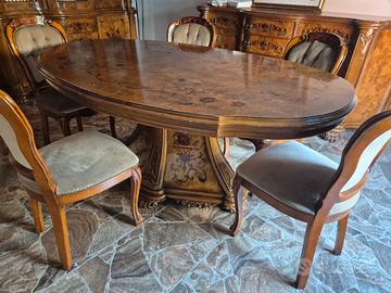 Tavolo ovale in radica intarsiato + 6 sedie vellut