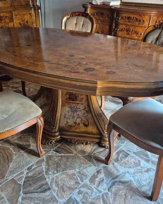 Tavolo ovale in radica intarsiato + 6 sedie vellut