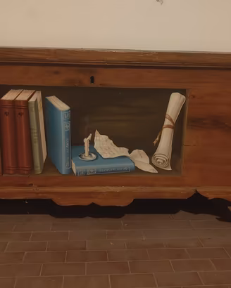 Cassapanca in legno massello dipinto trompe-l'œil