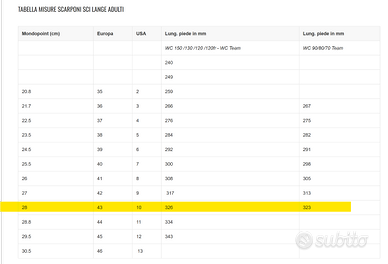 Misure scarponi 2024 sci bambino