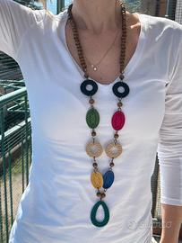 Collana lunga etnica boho multicolore in legno