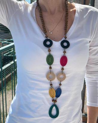 Collana lunga etnica boho multicolore in legno