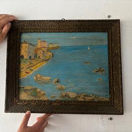 olio su tavola con paesaggio marino e borgo ligure