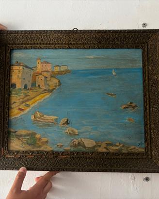 olio su tavola con paesaggio marino e borgo ligure