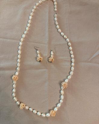 Parure collana lunga + orecchini con perle
