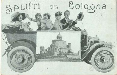 Cartolina saluti da bologna con automobile
