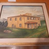 Quadro a Olio 'casolare con uomo e cane' 52x62