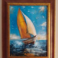 Quadro dipinto a mano paesaggio barca vela mare