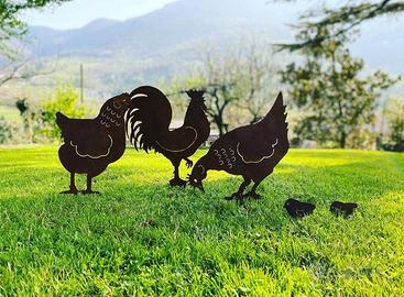 Gallo, gallina pulcino in lamiera Corten