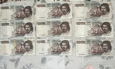 Lotto 9 banconote 100.000Lire Caravaggio 1 tipo