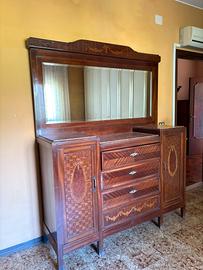 Comò con specchiera e comodini legno intarsiato