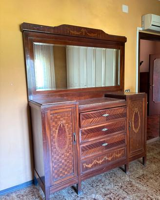 Comò con specchiera e comodini legno intarsiato
