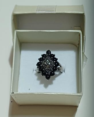 anello vintage argento 925, granati e marcasite 