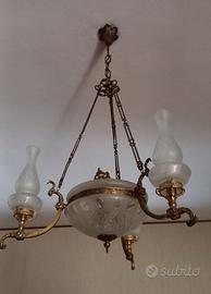 Lampadario antico ottone e vetro + 3 applique