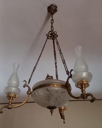 Lampadario antico ottone e vetro + 3 applique