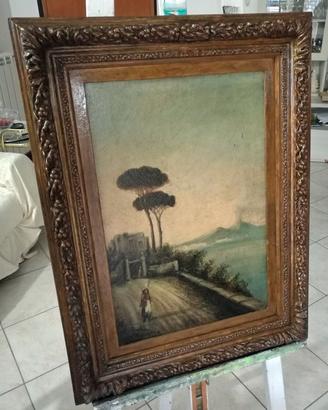 Dipinto olio su tela veduta Vesuvio da Mergellina
