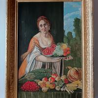 Dipinto olio su tavola, Donna venditrice di frutta