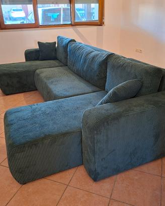 Divano letto/contenitore in tessuto verde a coste