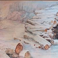 catasta di legna innevata. dipinto con acquerelli