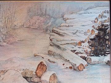catasta di legna innevata. dipinto con acquerelli