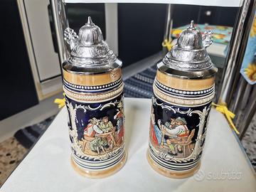 Due boccali birra con coperchio vintage ceramica
