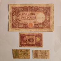 Vecchie banconote 500, 100, 1 e 2 lire 