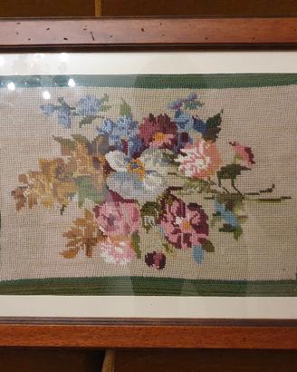 Vassoio/quadro vintage legno con ricamo floreale