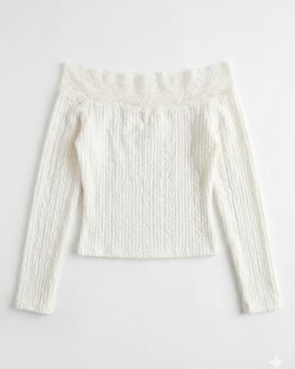 Maglia Bianca Off-the-Shoulder con Scollo in Pizzo
