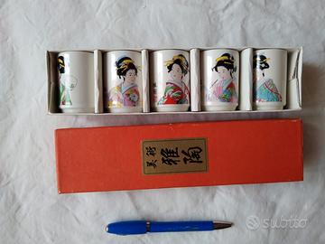 set 5 tazzine tè Giappone geishe/bijin nuove 70-80