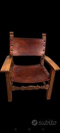 Trono in legno massello e cuoio borchiato -Vintage