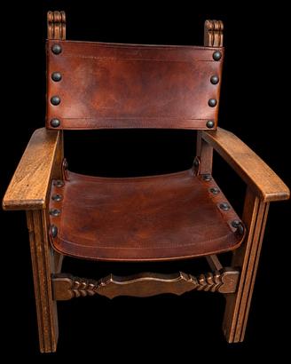 Trono in legno massello e cuoio borchiato -Vintage