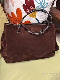 Borsa a mano marrone in pelle e camoscio