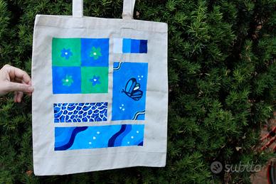 Shopper in tela "Patchwork Blu" - Dipinta a mano