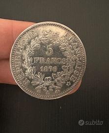 Moneta argento 5 Franchi Francesi 1876