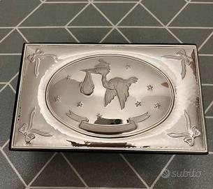 Portagioie neonato cicogna scatola silver plated