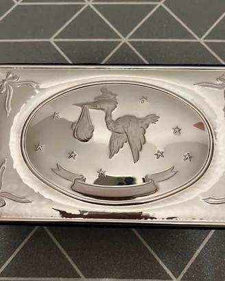 Portagioie neonato cicogna scatola silver plated