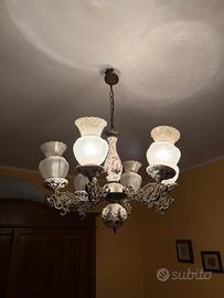 Lampadario vintage 6 luci in ceramica e ottone