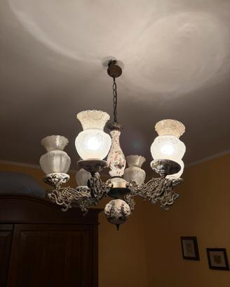 Lampadario vintage 6 luci in ceramica e ottone