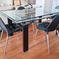 Tavolo di design in cristallo, legno e acciaio