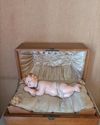Gesu' Bambino in cera dentro teca di legno 