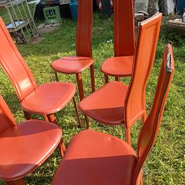 Sei sedie in cuoio rosso mattone design Catellan