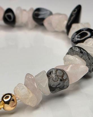 Bracciale Quarzo Ialino /Ossidiana Fiocco di Neve