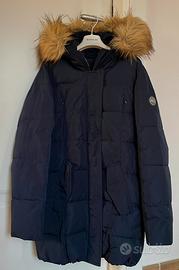 piumino blu lungo bambina con cappuccio