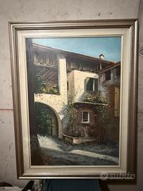 Dipinto olio su tela, cortile rurale